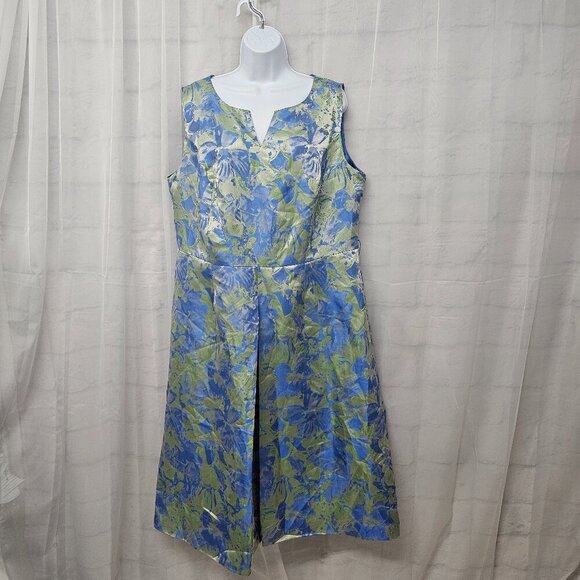 Ashro Periwinkle Blue Green Sleeveless Midi Dress Satin Retro Abstract 16W - Picture 1 of 12